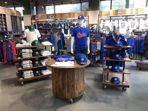 Interior of a Wrigleyville fan shop with jerseys, caps and merchandise displays