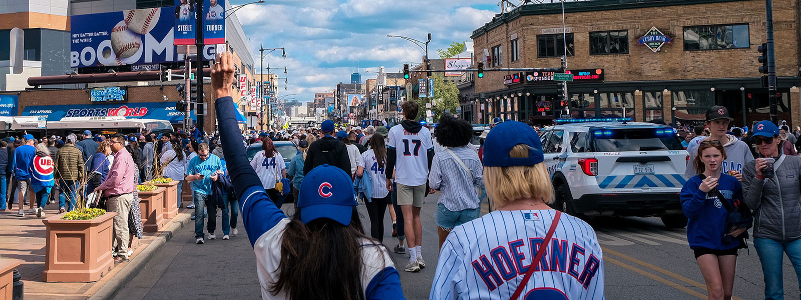 Cubs fans filling Clark Street in Wrigleyville on a game day